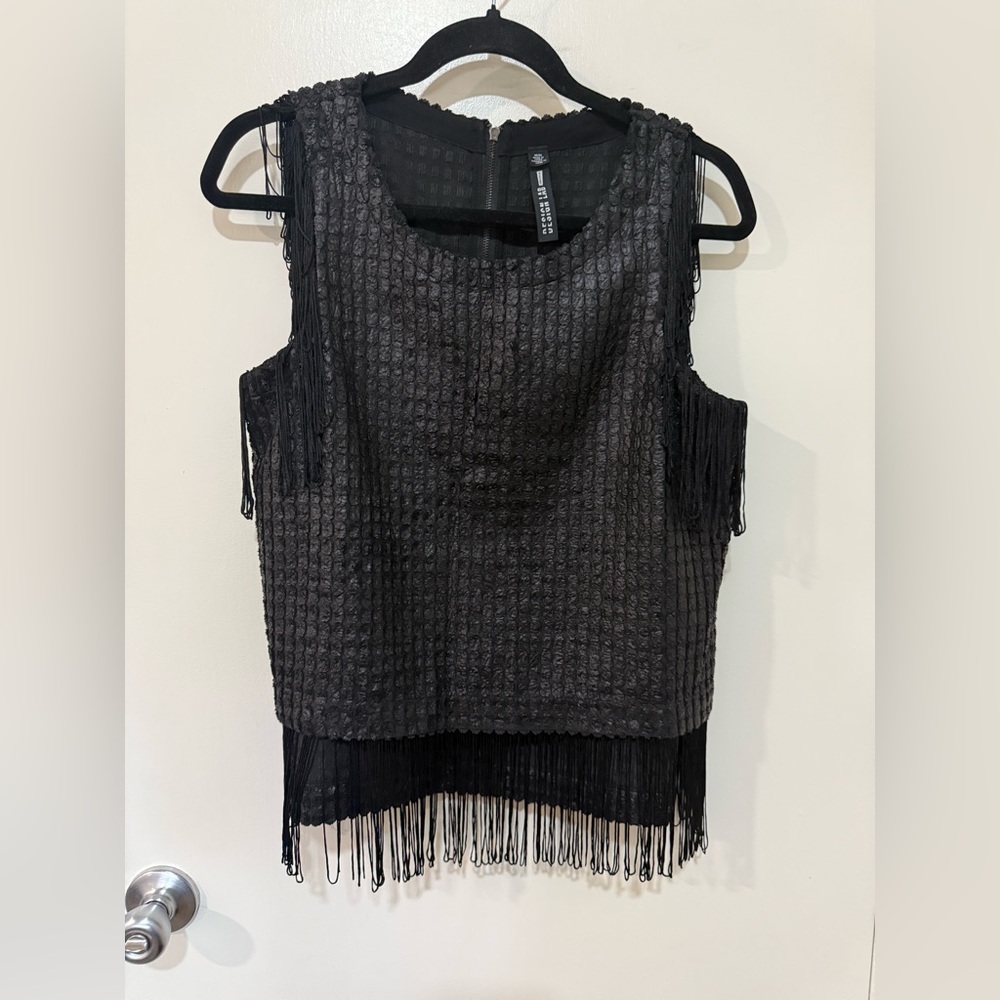 Design Lab Lord & Taylor Women's Fringe Black Medium Size Sleeveless party top